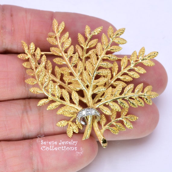 Diamond 14k Yellow Gold Leaf Foliage Branch Brooc… - image 6