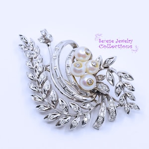 Italian Pearl Diamond 18k White Gold Leaf Branch Brooch Vintage