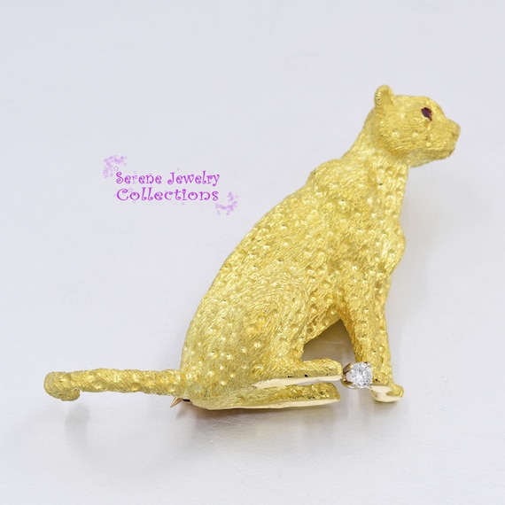Ruby 18k Solid Yellow Gold Diamond Leopard Cat Br… - image 5