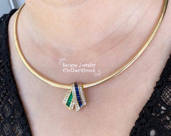 Charles Krypell Blue Sapphire Emerald Diamond 18k Yellow gold Pendant Necklace Vintage 18 inch