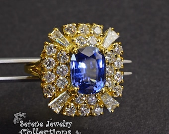 4CT Blue Sapphire Diamond 18k Gold Ring Vintage Ring Size 5.7