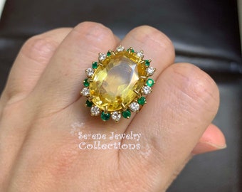 20CT Unheated Yellow Sapphire Diamond 18k Solid Yellow Gold Ring Vintage Ring Size 6.5 GIA Cert