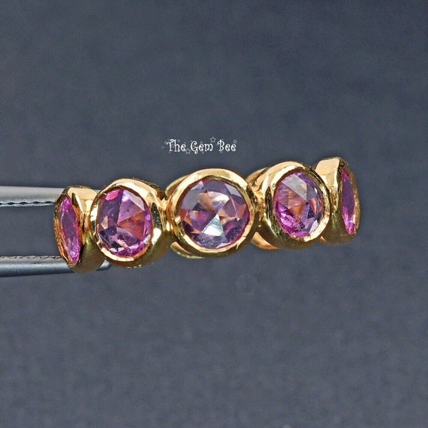 18k Solid Yellow Gold Rose cut Round Coin Pink Sapphire Eternity Ring Size 6