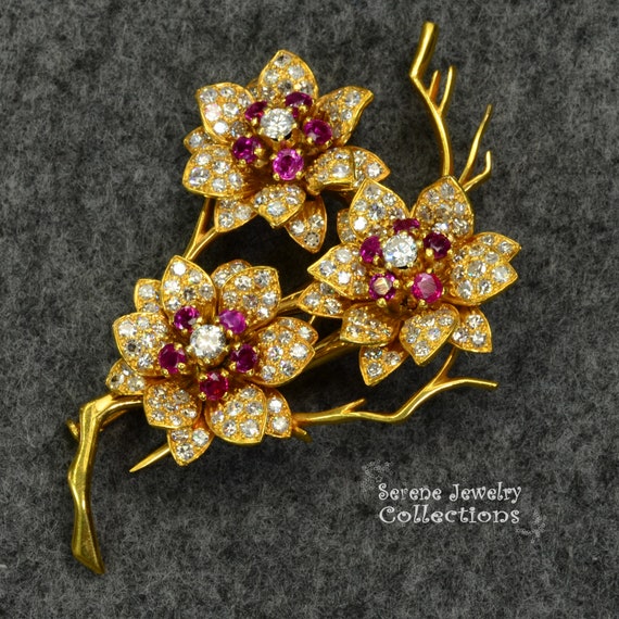 Ruby Diamond 18k Solid Gold Flowers Brooch Vintage - image 1