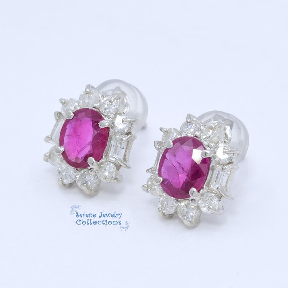 Ruby Diamond Platinum Ear stud Earrings - image 3