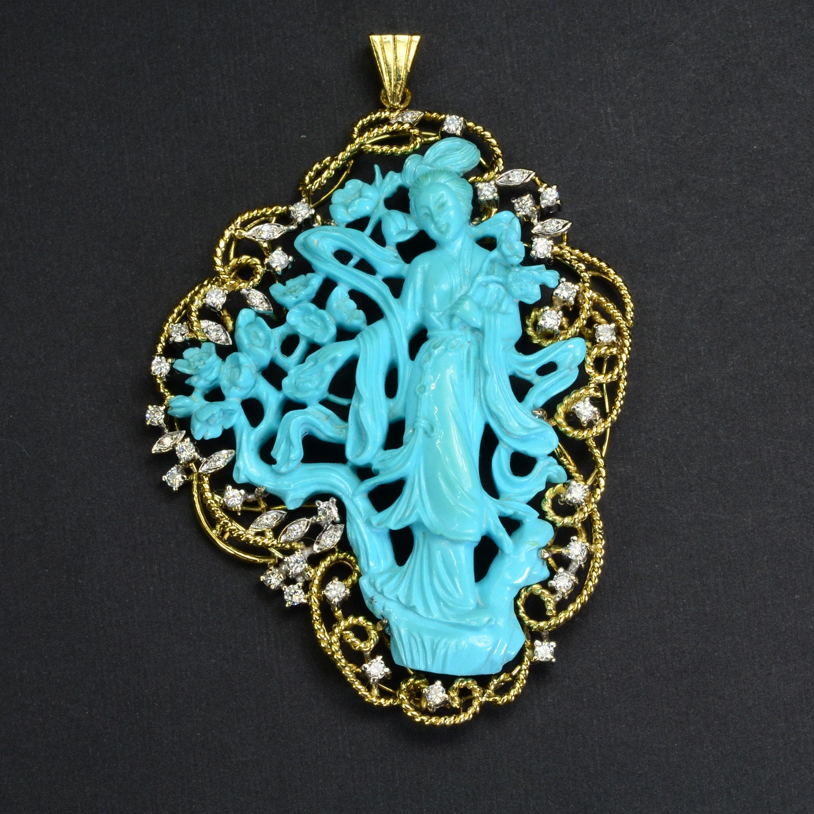 Sleeping Beauty Turquoise Lady Carving Diamond 18k Solid Gold Pendant Vintage