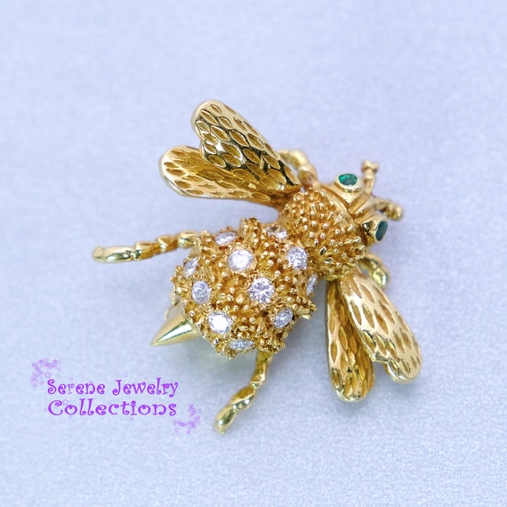 Diamond Emerald 18k Yellow Gold Honey Bee Brooch … - image 3