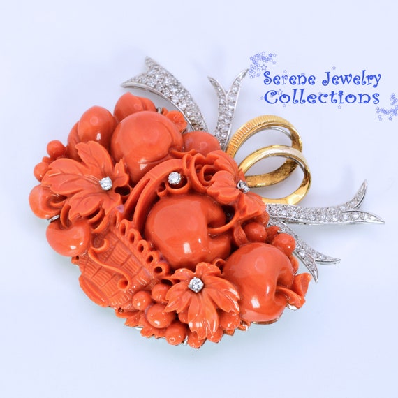 Large Carved Coral Diamond Fruit Basket 18k Yello… - image 8