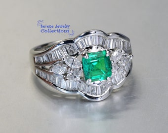 0.77CT エメラルド ダイヤモンド プラチナ リング ヴィンテージ サイズ
