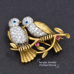 Bird Couple Diamond Blue Sapphire Ruby 18k yellow gold Platinum Brooch Vintage