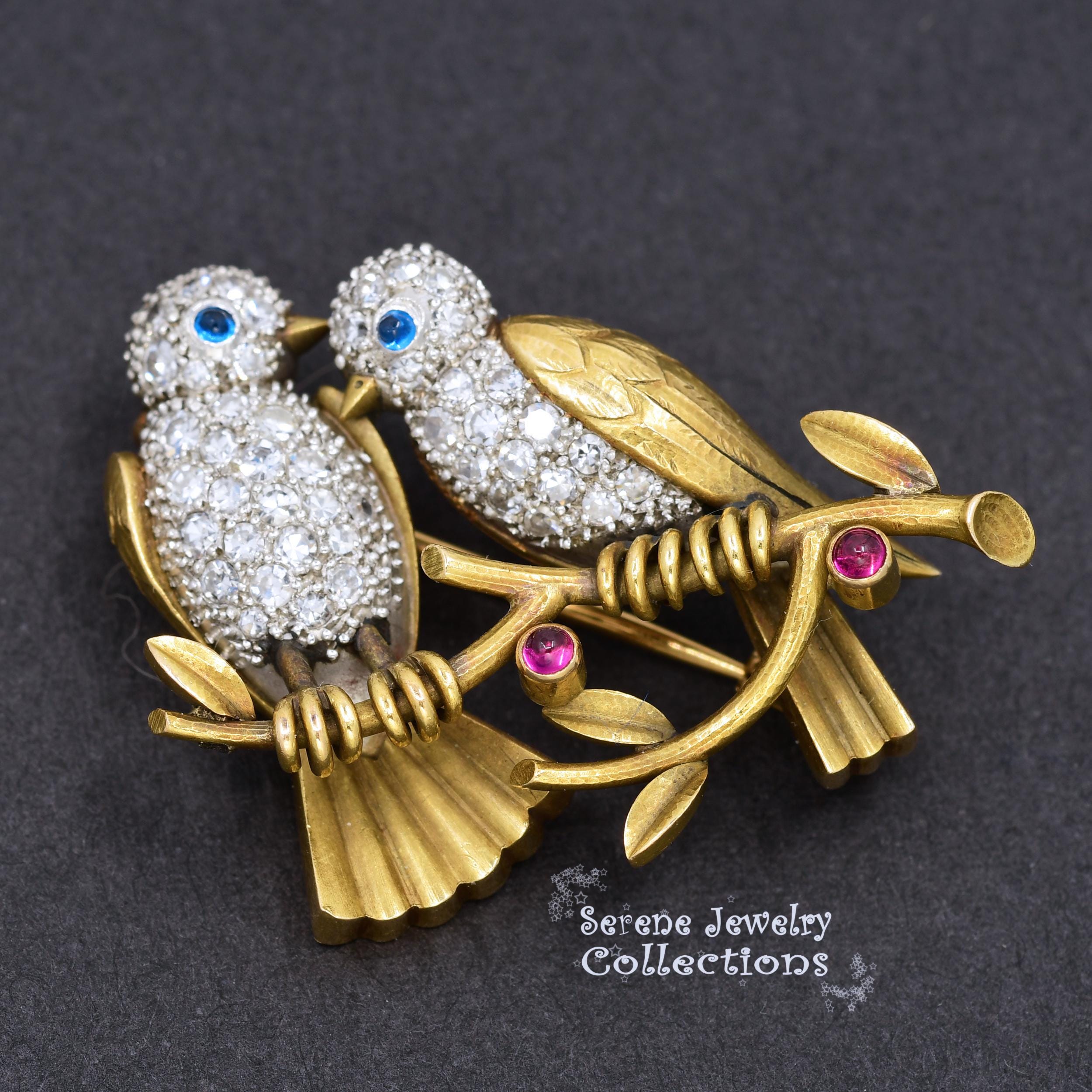 Bird Couple Diamond Blue Sapphire Ruby 18k yellow gold Platinum Brooch Vintage