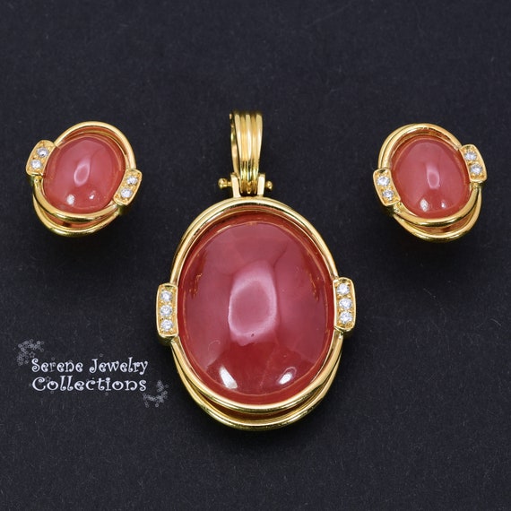 45CT Rare Large Rhodochrosite Diamond 18k Gold Pe… - image 4