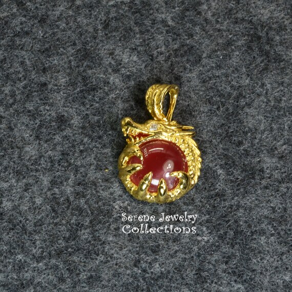 Rhodochrosite Diamond Dragon 18k Yellow Gold Pend… - image 3