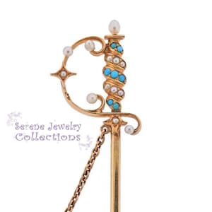 Antique Pearl Turquoise 14k Yellow Gold Brooch Sword Pin