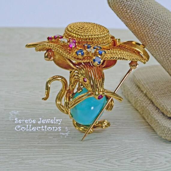 Turquoise Ruby 18k Solid Gold Mouse Brooch Vintage - image 3