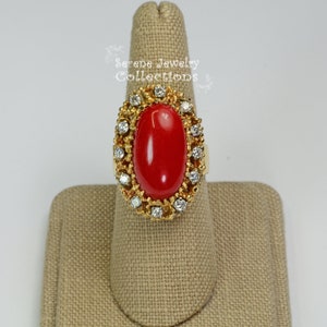 Oxblood Red Coral Diamond 14k Solid Gold Ring Vintage Ring Size 7.25