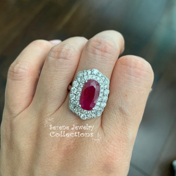 6.07ct no heat Ruby Diamond Platinum Ring Vintage… - image 9