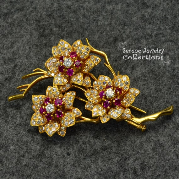 Ruby Diamond 18k Solid Gold Flowers Brooch Vintage - image 7
