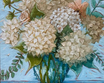 Cherished Moments-  40 x 40 Cm or Approx 16 x 16 in.  Original oil painting Hydrangea painting ,peach hydrangea , botanical, timeless decor