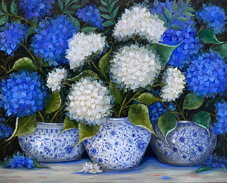 Armonia 81 x 65 x 1,7 cm, circa 32x 26 x 0,6 pollici. Dipinto di ortensia, barattolo di zenzero, arte originale, dipinto blu e bianco immagine 4