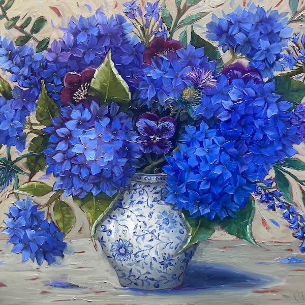 Possibilities - 20 x 24 inches  blue hydrangea painting, oil painting,   Blue art,  garden art Cathy Lewis