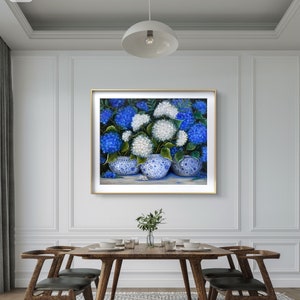 Armonia 81 x 65 x 1,7 cm, circa 32x 26 x 0,6 pollici. Dipinto di ortensia, barattolo di zenzero, arte originale, dipinto blu e bianco immagine 2