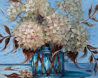 Autumn Leaves-  40 x 45 Cm or Approx 16 x 18 in.  Original oil painting Hydrangea painting ,dried hydrangea , botanical, elegant decor, fall