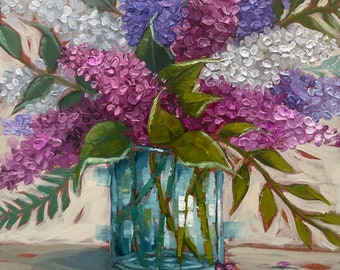 Lilac Mini- 8 x 8 x 2/3 inches ( 20 x 20 x 1.7 Cm). Original oil painting, Lilac painting. Floral painting, flower art,   Cathy Lewis Paint