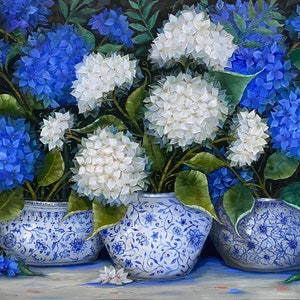 Armonia 81 x 65 x 1,7 cm, circa 32x 26 x 0,6 pollici. Dipinto di ortensia, barattolo di zenzero, arte originale, dipinto blu e bianco immagine 8