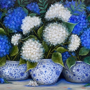 Armonia 81 x 65 x 1,7 cm, circa 32x 26 x 0,6 pollici. Dipinto di ortensia, barattolo di zenzero, arte originale, dipinto blu e bianco immagine 1