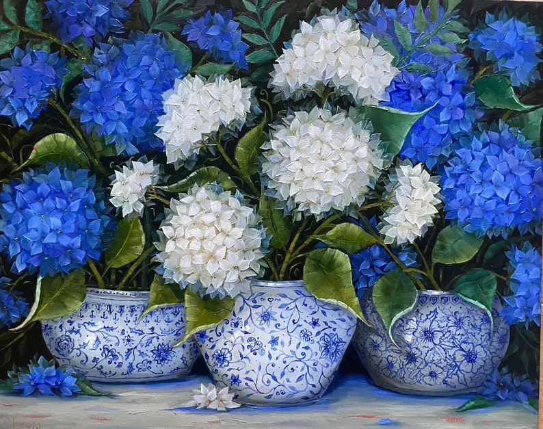 Armonia 81 x 65 x 1,7 cm, circa 32x 26 x 0,6 pollici. Dipinto di ortensia, barattolo di zenzero, arte originale, dipinto blu e bianco immagine 1