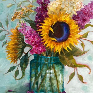 FINE ART PRINT-Salt of the Earth  Print, sunflower print, flowers  jar print, Cathy Lewis Paintings hydrangea Giclee print.Floral painting