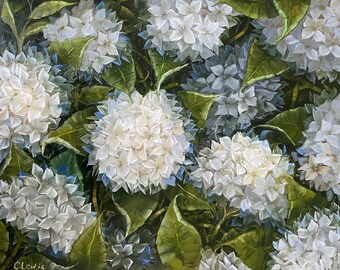 Mystical Garden- 16 x 20 inches. Original oil painting. Hydrangea painting, white hydrangea painting, dark painting, Cathy Lewis