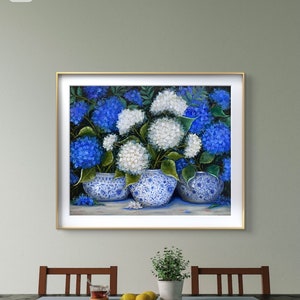 Armonia 81 x 65 x 1,7 cm, circa 32x 26 x 0,6 pollici. Dipinto di ortensia, barattolo di zenzero, arte originale, dipinto blu e bianco immagine 5