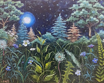 Prato al chiaro di luna - 30 x 40 cm o circa 12 x 16 pollici. Pittura a olio originale Pittura di fiori di campo, pittura notturna, botanica, pittura ad impasto.