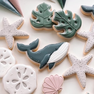 May include: A collection of decorated sugar cookies featuring a variety of ocean-themed designs, including whales, seashells, starfish, and tropical leaves. The cookies are decorated with royal icing in shades of blue, green, pink, and white.