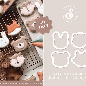 Könnte beinhalten: Ein Satz digitaler Ausstecher-Designs mit Waldtieren, darunter ein Fuchs, ein Eichhörnchen, ein Bär, ein Kaninchen und eine Eichel. Die Designs sind mit "Forest Friends" und "STL Files" beschriftet.