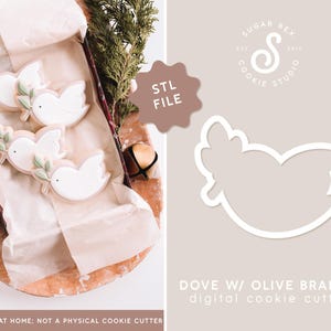 Puede incluir: Un diseño de cortador de galletas digital para una paloma con una rama de olivo. El archivo STL es para impresión 3D en casa. La imagen muestra un primer plano del diseño del cortador de galletas y varias galletas cortadas con el diseño.