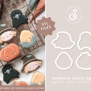 Puede incluir: Una descarga digital de archivos STL para la impresión 3D de cortadores de galletas. Los cortadores tienen forma de calabaza, espantapájaros, cuervo y mazorca de maíz. El texto "Pumpkin Patch Pals digital mini collection" está en la parte inferior de la imagen.