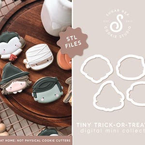 May include: A set of ten digital cookie cutter designs featuring cute Halloween trick-or-treaters. The designs include a mummy, a witch, a vampire, a ghost, and a Frankenstein monster. The STL files are for 3D printing at home.