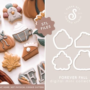 Könnte beinhalten: Ein digitaler Download von STL-Dateien für Ausstecher mit Kürbis-, Kuchen-, Kaffeetassen- und Blattmotiven. Der Text "FOREVER FALL digital mini collection" wird unter den Ausstechermotiven angezeigt.