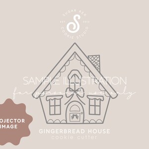 Pu&ograve; includere: Un disegno in bianco e nero di uno stampino per biscotti a forma di casetta di pan di zenzero. L'immagine include il testo "SAMPLE ILLUSTRATION for personal use only" e "GINGERBREAD HOUSE cookie cutter".