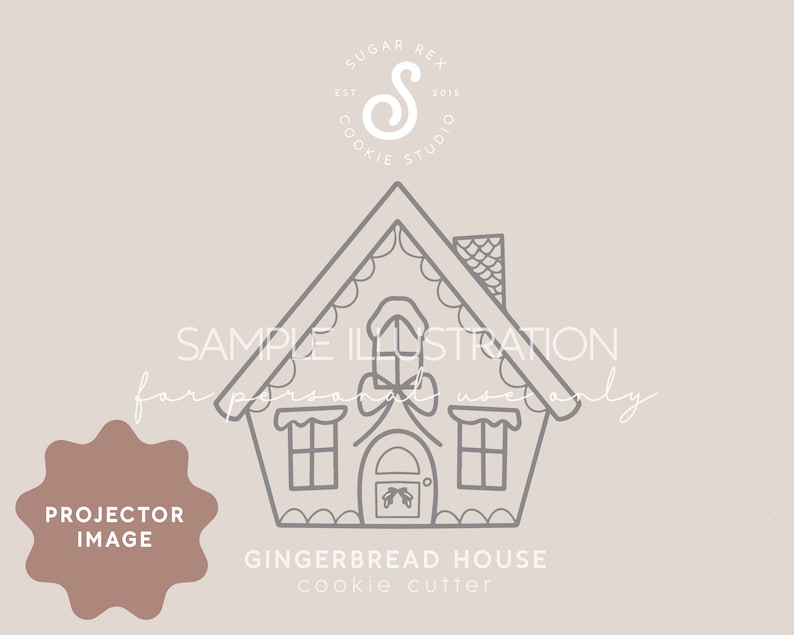 Pu&ograve; includere: Un disegno in bianco e nero di uno stampino per biscotti a forma di casetta di pan di zenzero. L'immagine include il testo "SAMPLE ILLUSTRATION for personal use only" e "GINGERBREAD HOUSE cookie cutter".