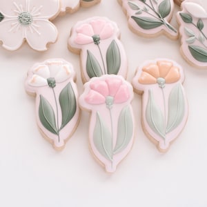 May include: A collection of decorated sugar cookies featuring floral designs. The cookies are decorated with pink, white, and orange flowers with green leaves.
