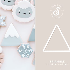 May include: White triangle cookie cutter with the text "TRIANGLE cookie cutter" below it. The cutter is on a light brown background.