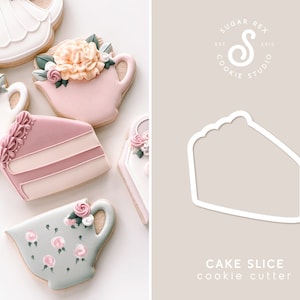 May include: A white cookie cutter shaped like a slice of cake. The cutter is on a light brown background with the text "CAKE SLICE cookie cutter" below it. The text "SUGAR REX EST 2015 COOKIE STUDIO" is in a circle in the upper right corner of the background.