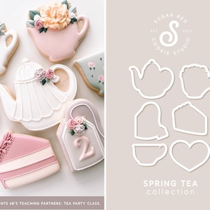 May include: A set of cookie cutters in the shape of teacups, teapots, cakes, and hearts. The cutters are white and are arranged on a light gray background. The text "SPRING TEA collection" is printed below the cutters.