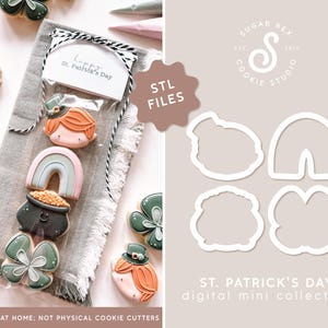 Puede incluir: Un conjunto de diseños digitales de cortadores de galletas para el Día de San Patricio. Los diseños incluyen un arcoíris, una olla de oro, un trébol y un sombrero de duende. Los diseños están disponibles como archivos STL para impresión 3D.