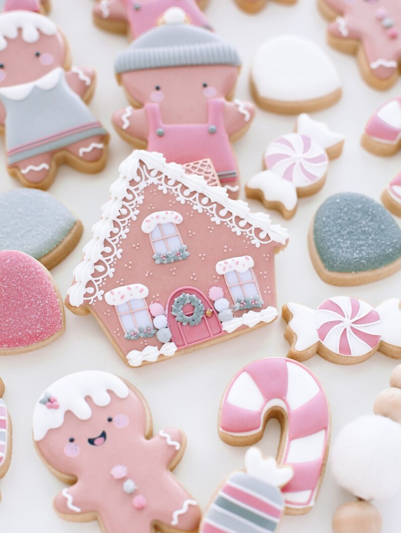 Pu&ograve; includere: Una collezione di biscotti di pan di zenzero rosa e grigi decorati con glassa e codette. I biscotti hanno la forma di omini di pan di zenzero, case, bastoncini di zucchero e cuori.