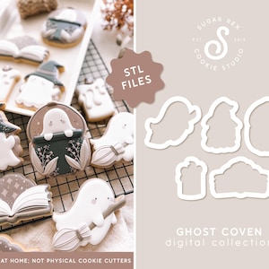 May include: A digital download of STL files for 3D printing cookie cutters. The cutters are shaped like ghosts, a cauldron, a book, and a broom. The text "GHOST COVEN digital collection" is at the bottom of the image.